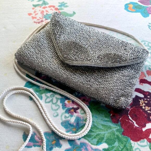 Vintage Andre Cellini Silver Beaded purse with Satin Rope Strap - Picture 10 of 16